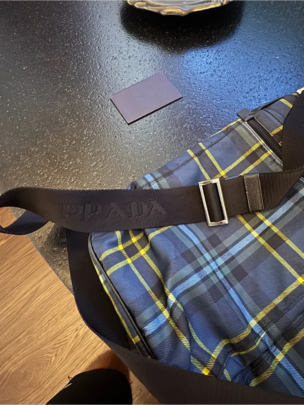 Prada Navy, Light Blue & Yellow Plaid Messenger Bag